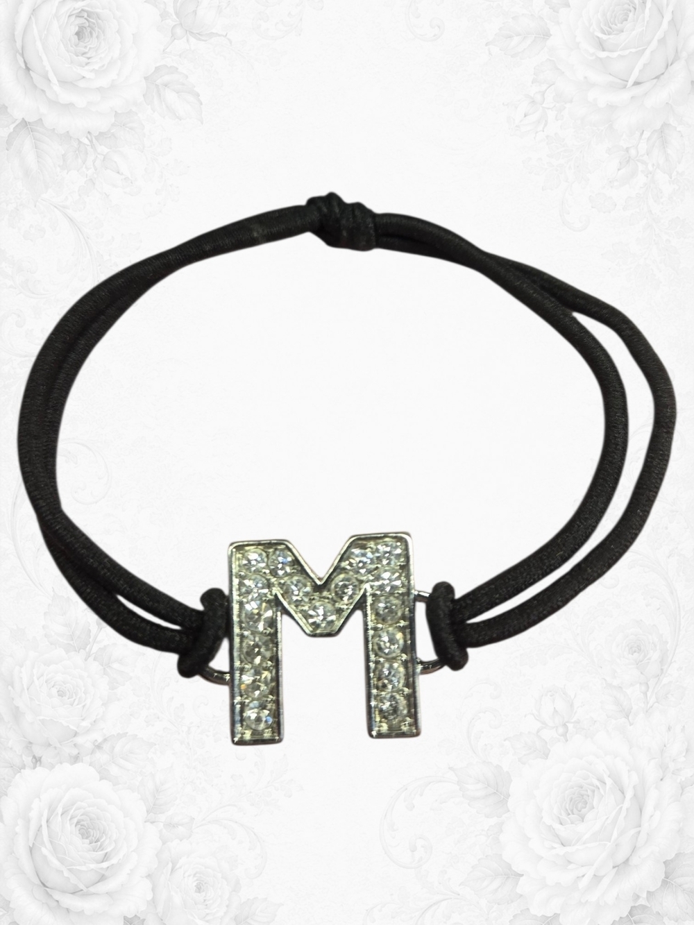 Crystal 'M' Initial Bracelet on Black Cord